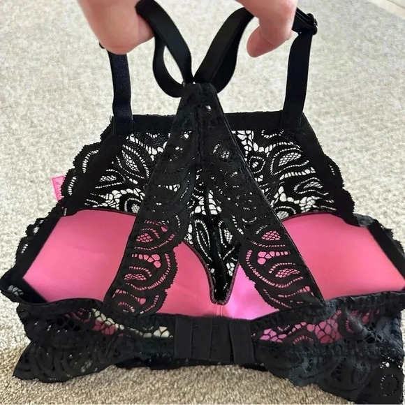 Victoria Secret PINK‎ BRALETTE PUSH-UP Racerback Lace MEDIUM PURE BLACK - Picture 5 of 10